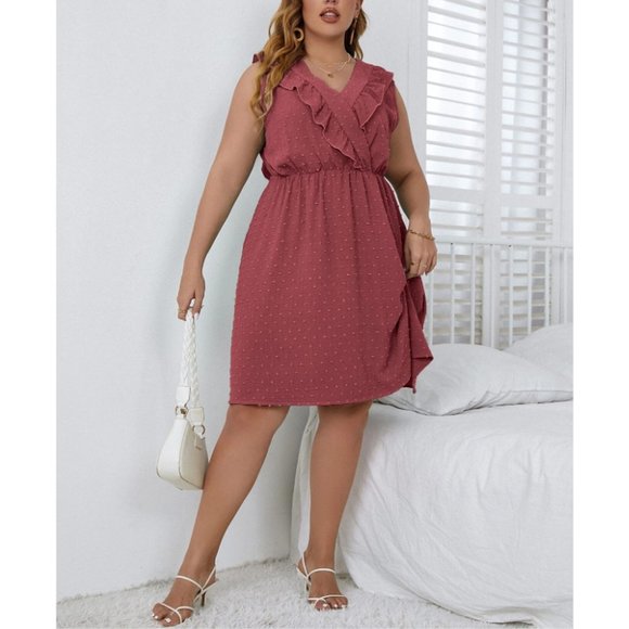 Plus Size 4X Brick Red Dobby Surplice Ruffle Midi Dress - Picture 3 of 10